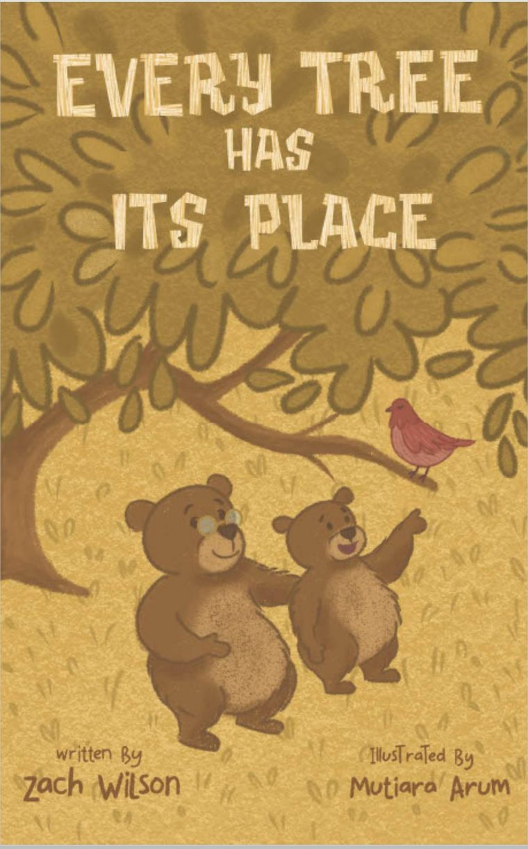 Cover of Every Tree Has Its Place: two bears under a gold-leafed tree, a red bird on the branch above them.